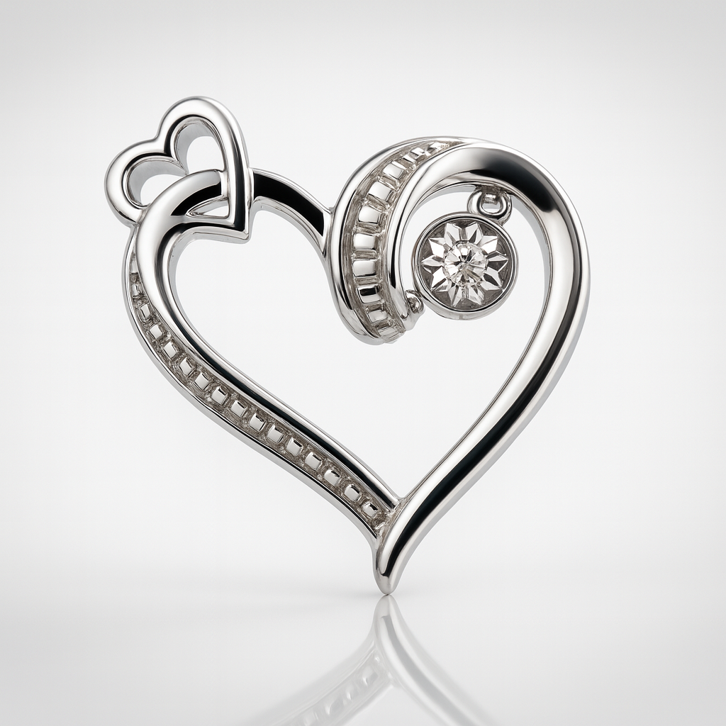 925 Sterling Silver Heart Pendant with 0.1ct Natural Diamond, 2.24g