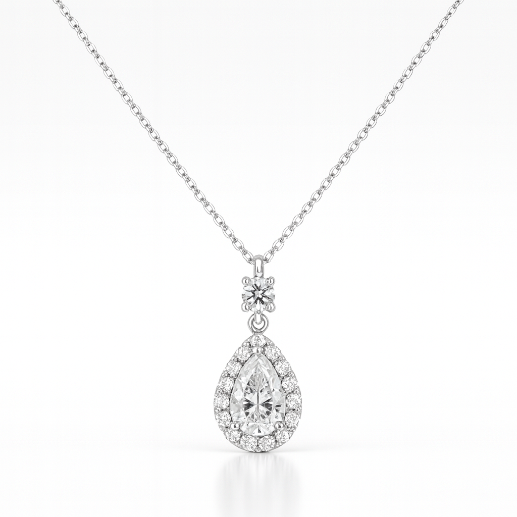 925 Sterling Silver Pear Halo Moissanite Necklace 1.2ct Princess