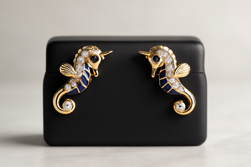 18K Gold Vermeil Silver Seahorse Moissanite Stud Earrings, 1ct Blue Accents