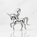 925 Sterling Silver Prancing Unicorn Pendant with Moissanite Horn and Tail Accents 1.00ct