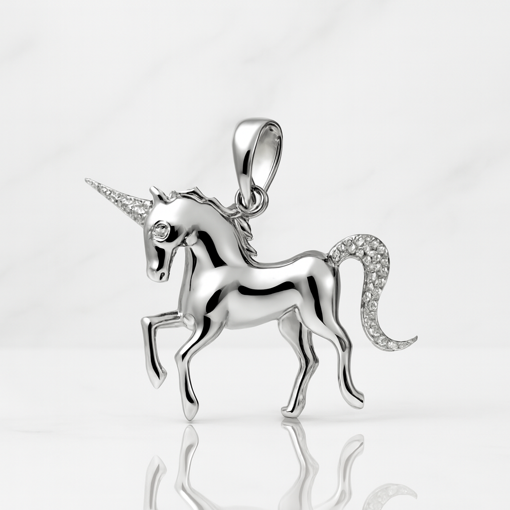 925 Sterling Silver Prancing Unicorn Pendant with Moissanite Horn and Tail Accents 1.00ct