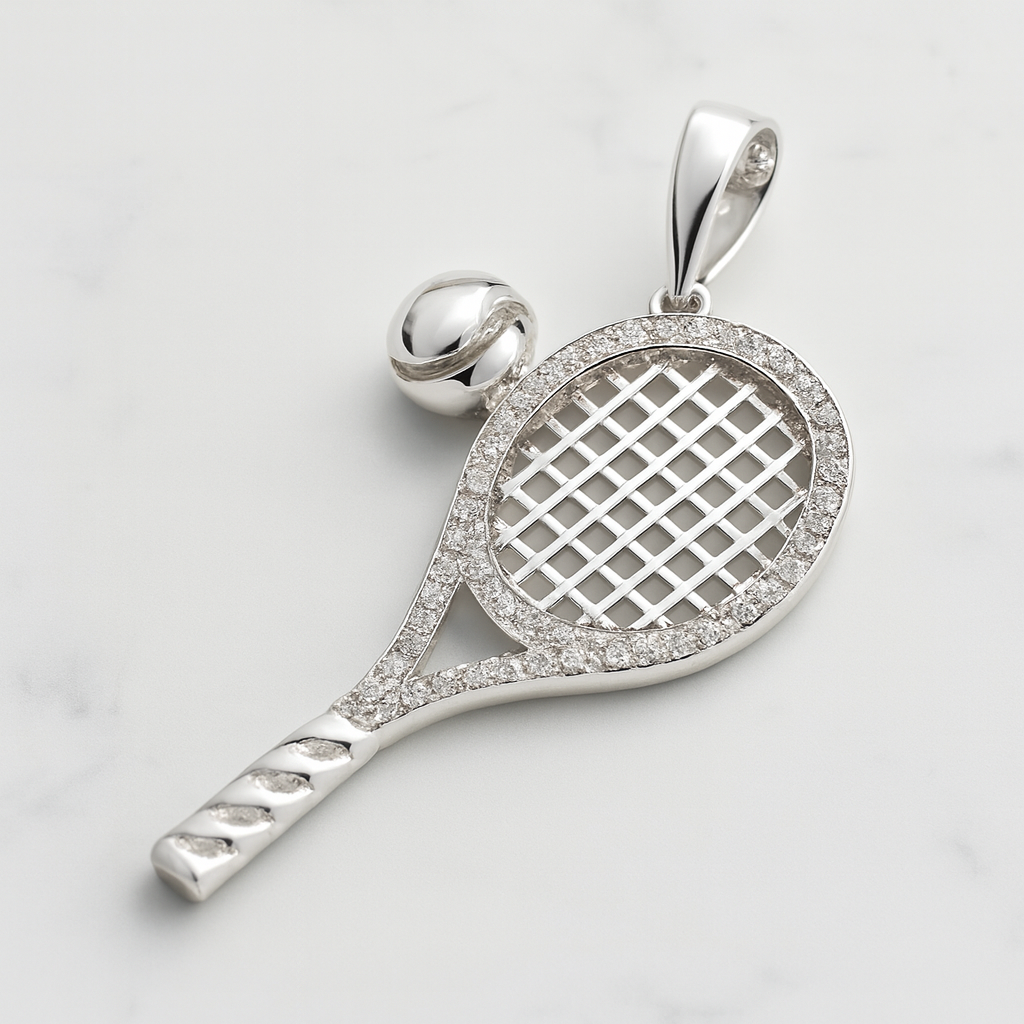 925 Sterling Silver Tennis Racket and Ball Pendant with 0.75ct Moissanite Accents