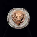 Bold Two-Tone Lion Head Round Sterling Silver Signet Ring with Pavé Moissanite 2.88ct