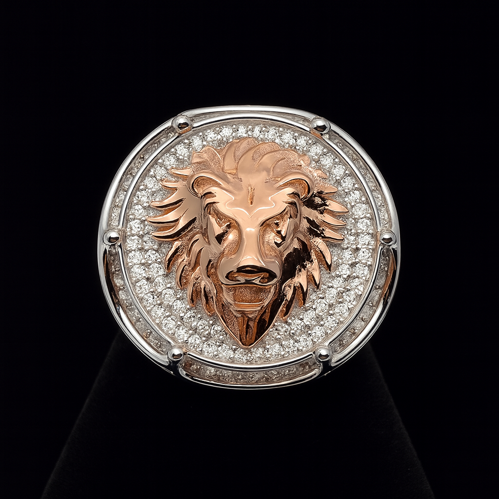 Bold Two-Tone Lion Head Round Sterling Silver Signet Ring with Pavé Moissanite 2.88ct