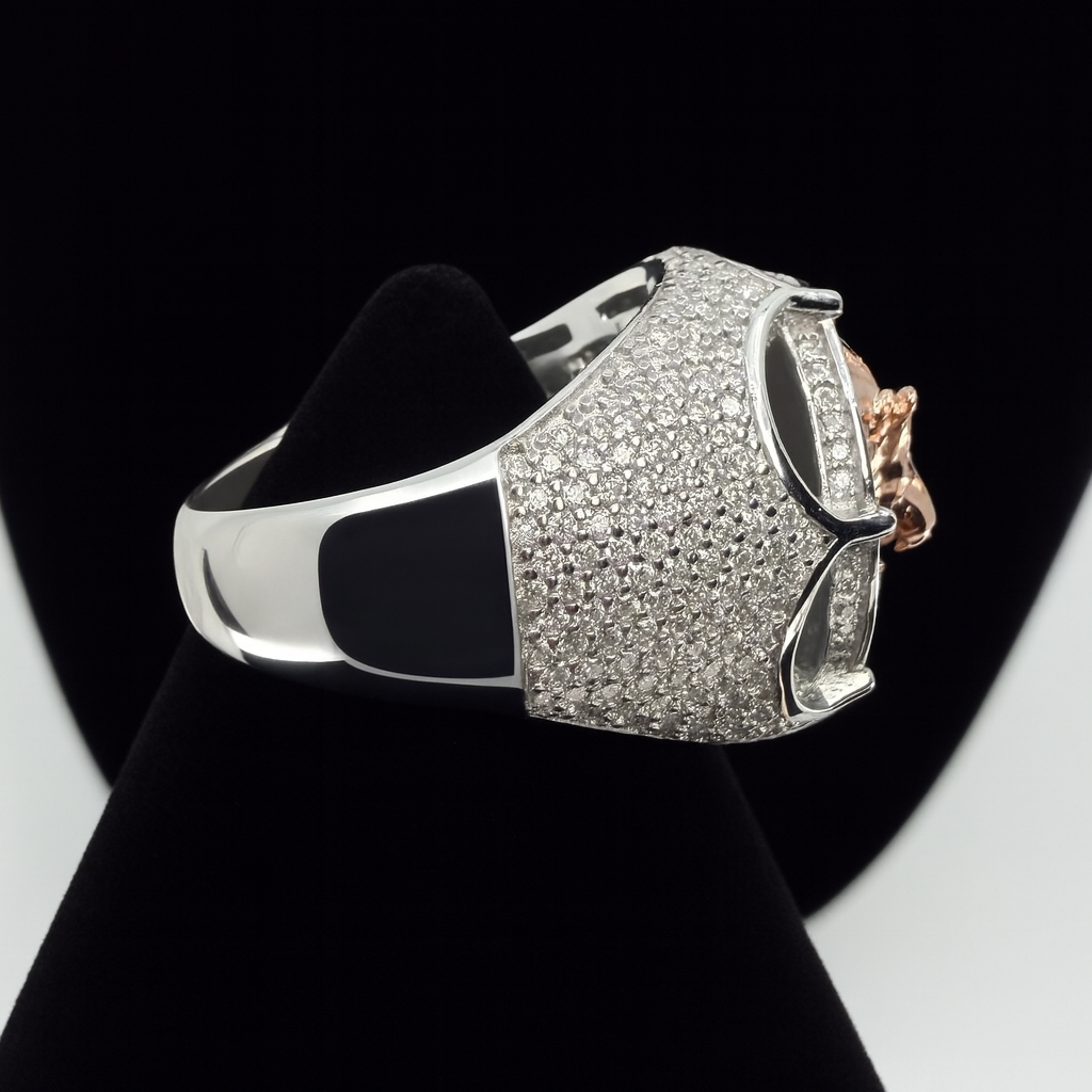 Bold Two-Tone Lion Head Round Sterling Silver Signet Ring with Pavé Moissanite 2.88ct (2)