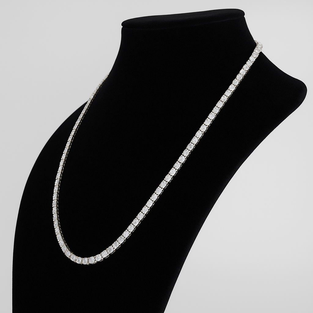 24in 925 Silver 60ct Moissanite 5mm Round Brilliant Tennis Necklace, 51g (5)