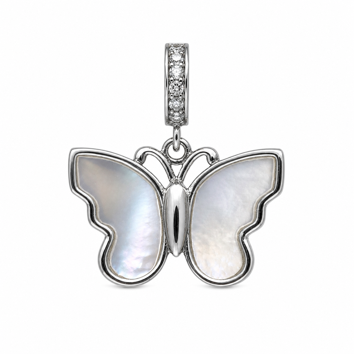 Mother-of-Pearl Butterfly 925 Sterling Silver Pendant with Moissanite Bail, 0.5ct