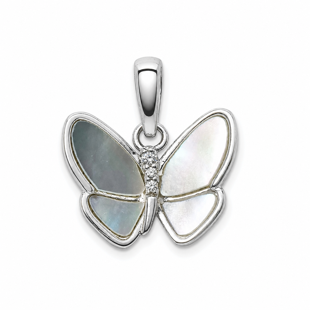 Mother of Pearl Butterfly Pendant in 925 Sterling Silver with 1.0ct Moissanite Accent