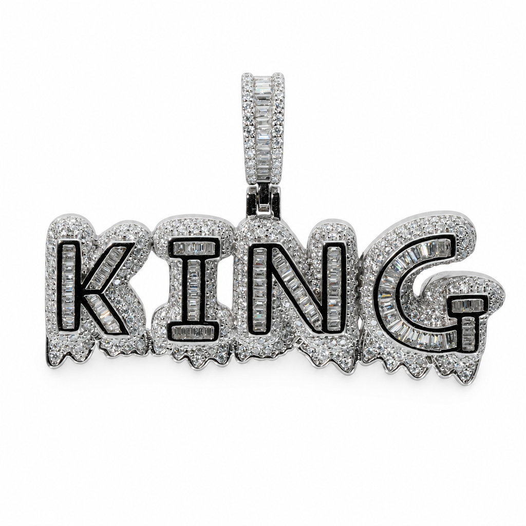 Iced-Out 'KING' Word Pendant in Silver with Moissanite
