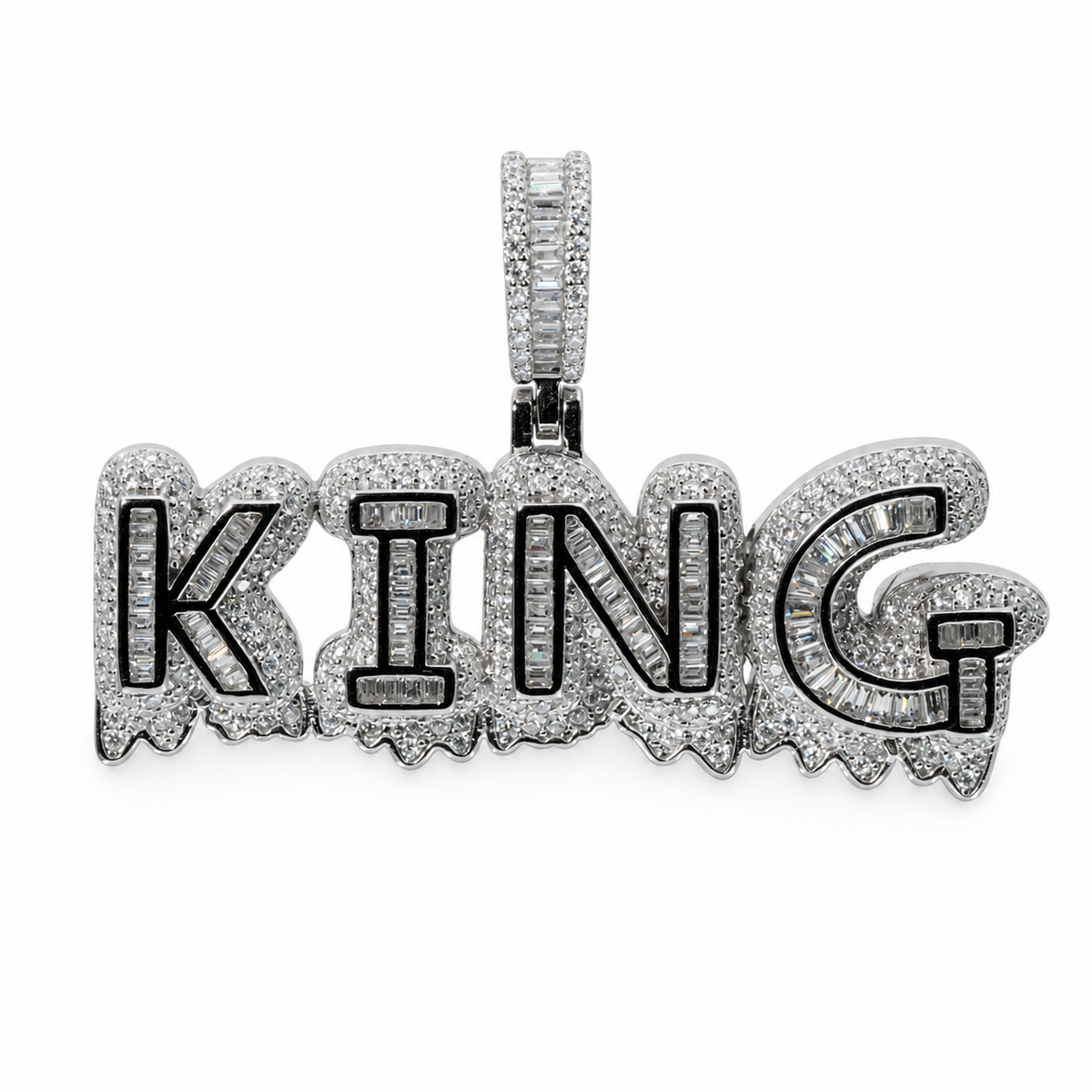 Iced-Out 'KING' Word Pendant in Silver with Moissanite