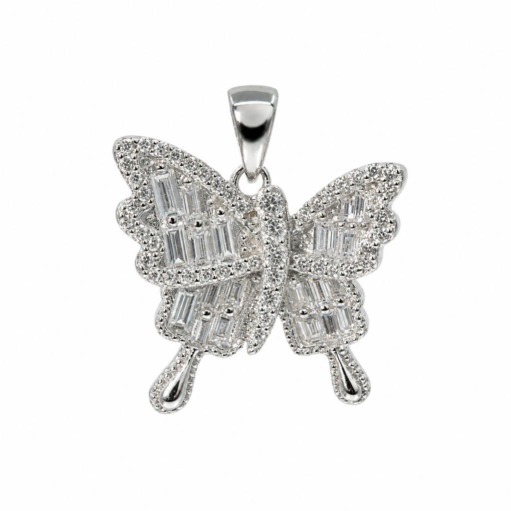 925 Sterling Silver Baguette Moissanite Butterfly Pendant 2.0ct