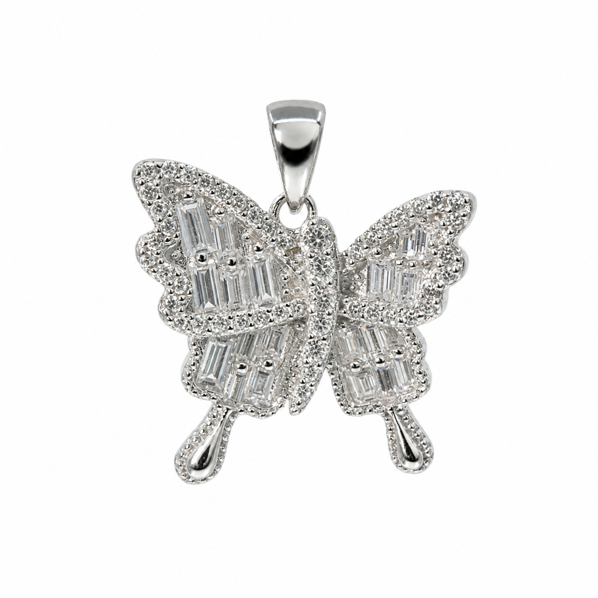 925 Sterling Silver Baguette Moissanite Butterfly Pendant 2.0ct
