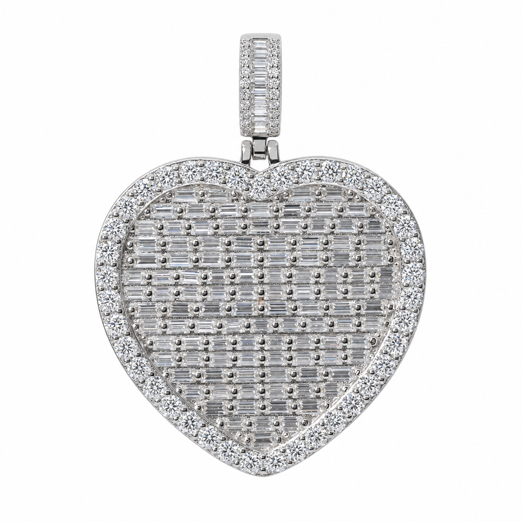 925 Sterling Silver Heart Pendant with Baguette Grid and Moissanite Pavé Halo, 10ct