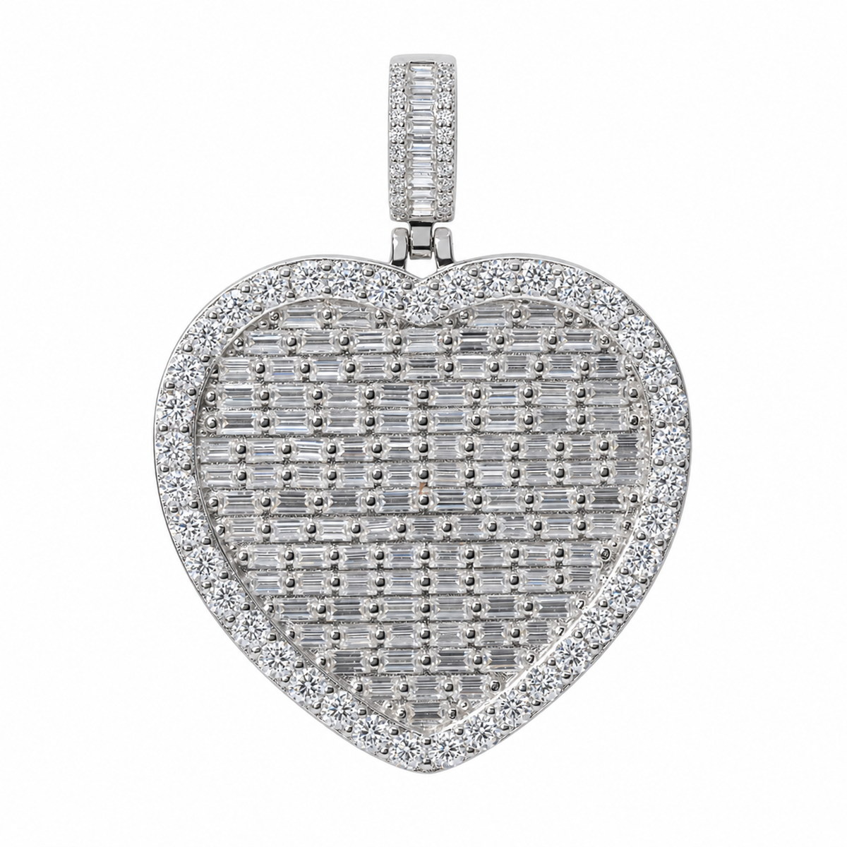 925 Sterling Silver Heart Pendant with Baguette Grid and Moissanite Pavé Halo, 10ct