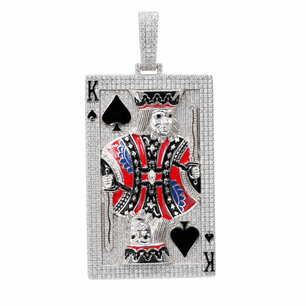 King of Spades Playing Card Iced Out Pendant in 925 Sterling Silver with 3.36ct Moissanite, 35g