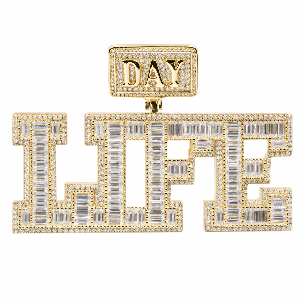 Iced Out 'DAY LIFE' Block Letter Moissanite Pendant in 14K Gold Over Silver, 9.24ct