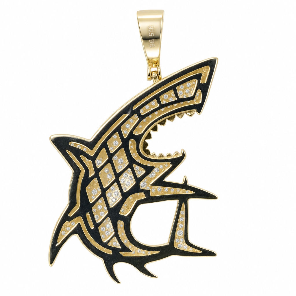 Iced Shark Pendant in 14K Gold Over Silver with Cubic Zirconia (2)