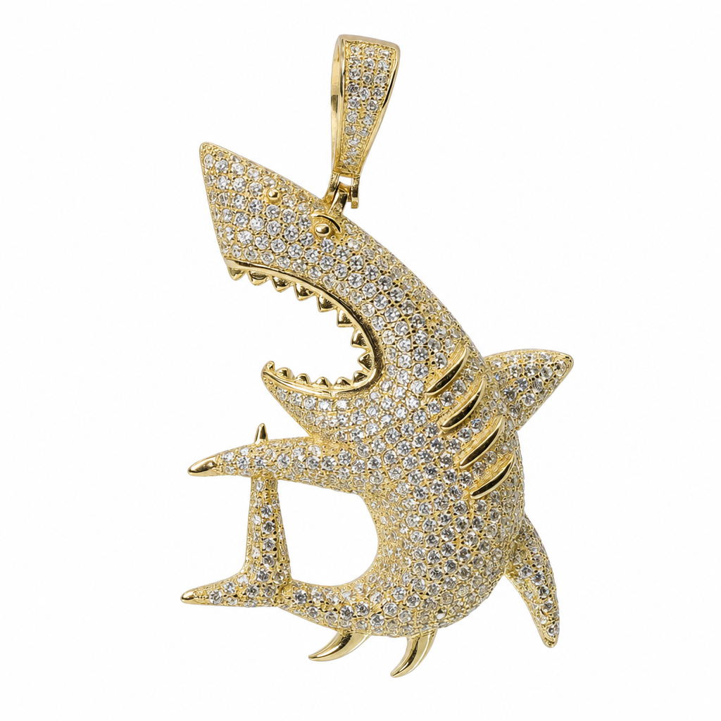 Iced Shark Pendant in 14K Gold Over Silver with Cubic Zirconia