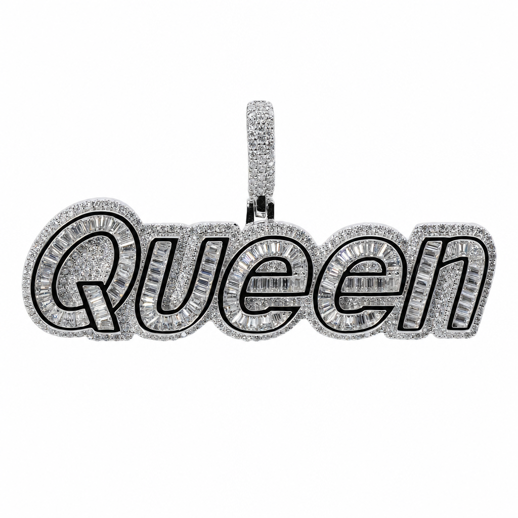 Iced Out 'Queen' Script Pendant in 925 Silver with 3.51ct Moissanite