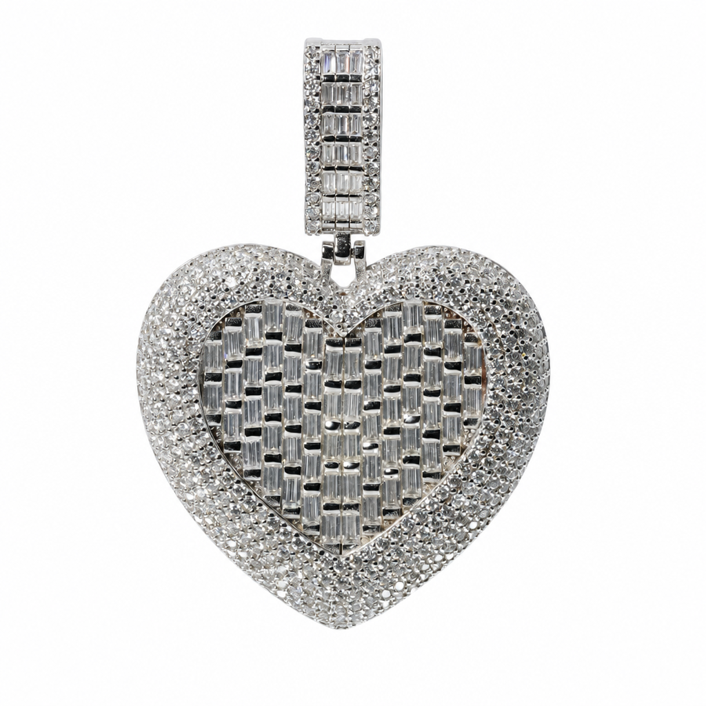Baguette and Pave Moissanite Heart Pendant in 925 Sterling Silver 5ct