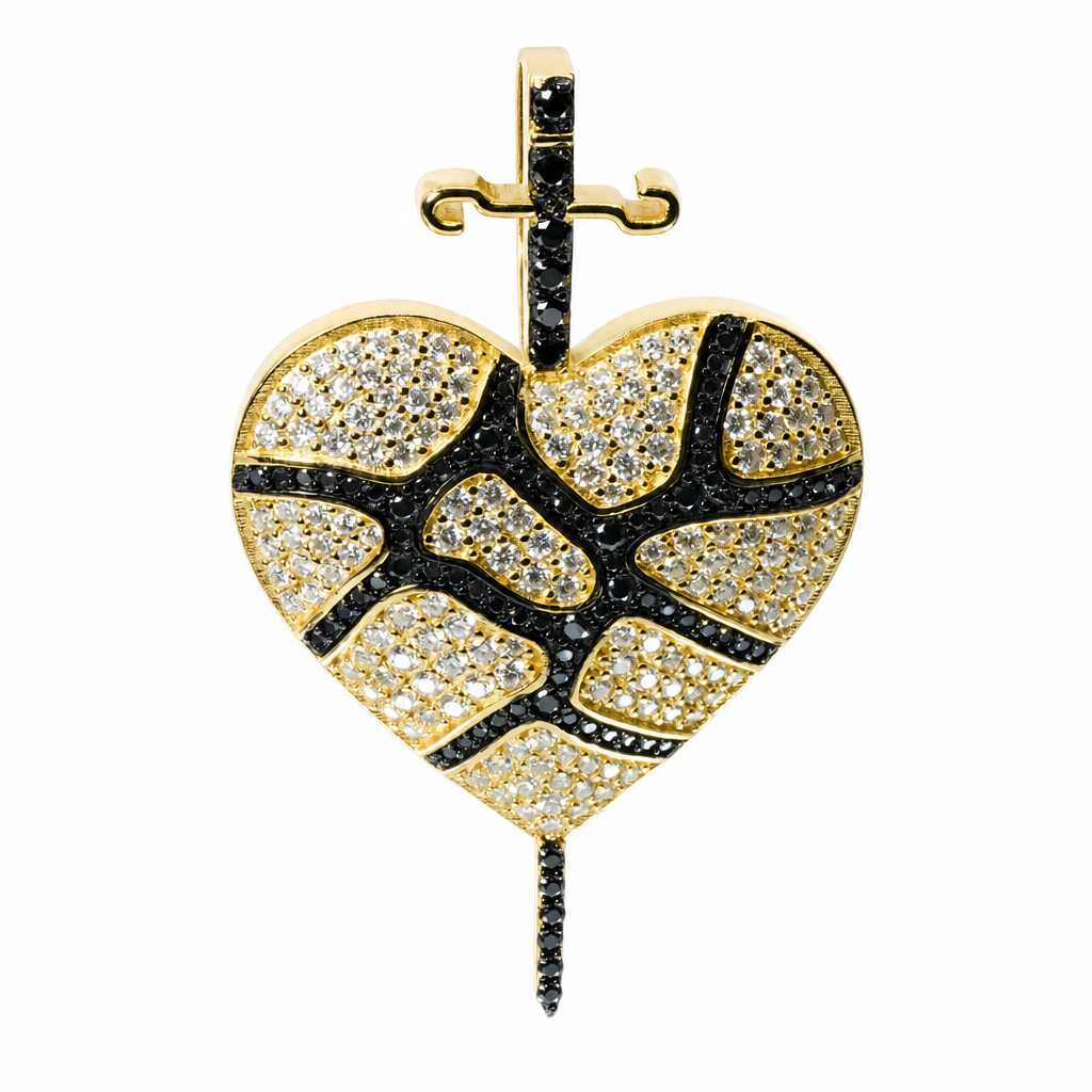 14K Gold Over Silver Cracked Heart Sword Pendant with White & Black Moissanite 4ct (2)