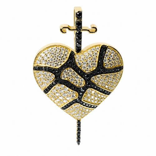 14K Gold Over Silver Cracked Heart Sword Pendant with White & Black Moissanite 4ct (2)