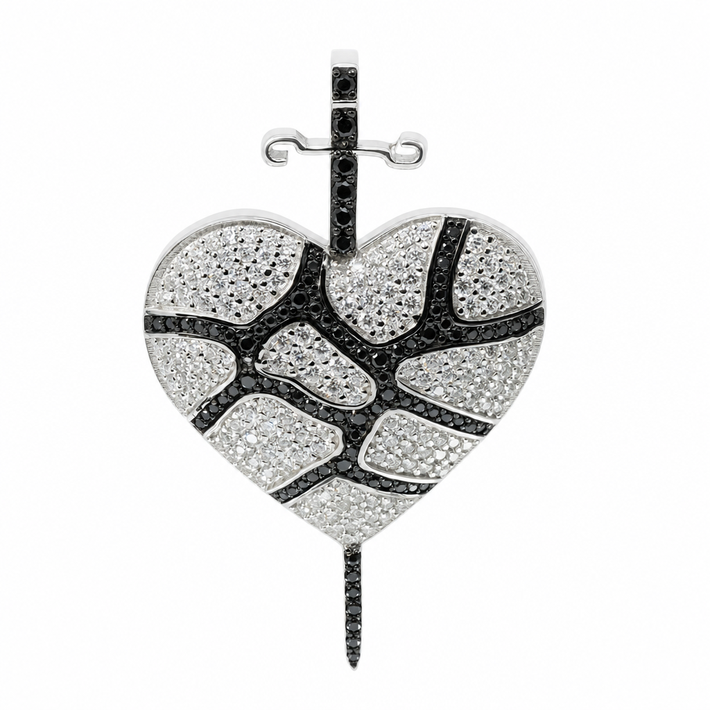 925 Sterling Silver Cracked Heart and Dagger Pavé Black & White Moissanite Pendant 4.00ct