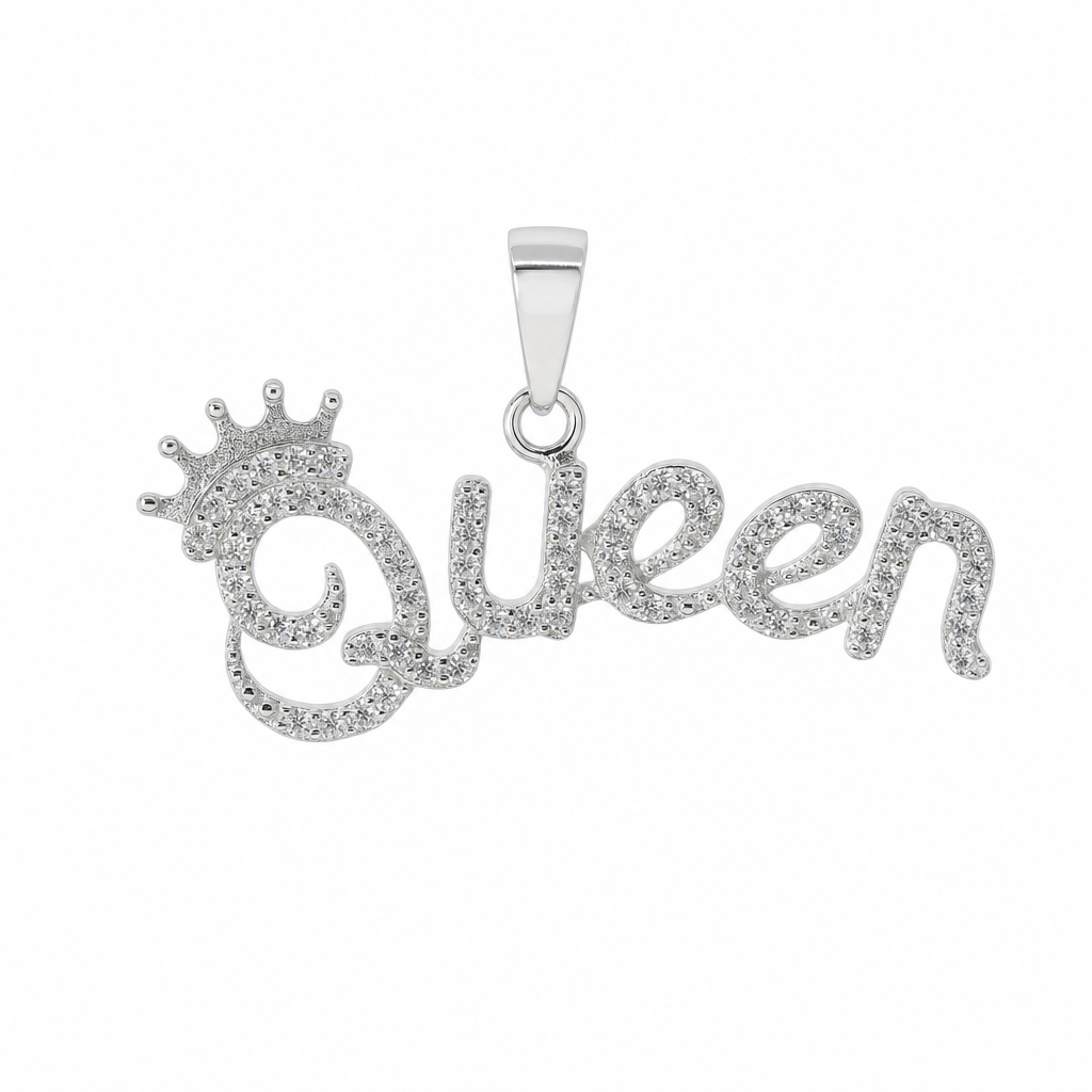 925 Sterling Silver Moissanite Script Queen Crown Pendant 1.5ct Pavé