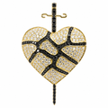 14K Gold Over Silver Cracked Heart Sword Pendant with White & Black Moissanite 4ct
