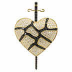 14K Gold Over Silver Cracked Heart Sword Pendant with White & Black Moissanite 4ct