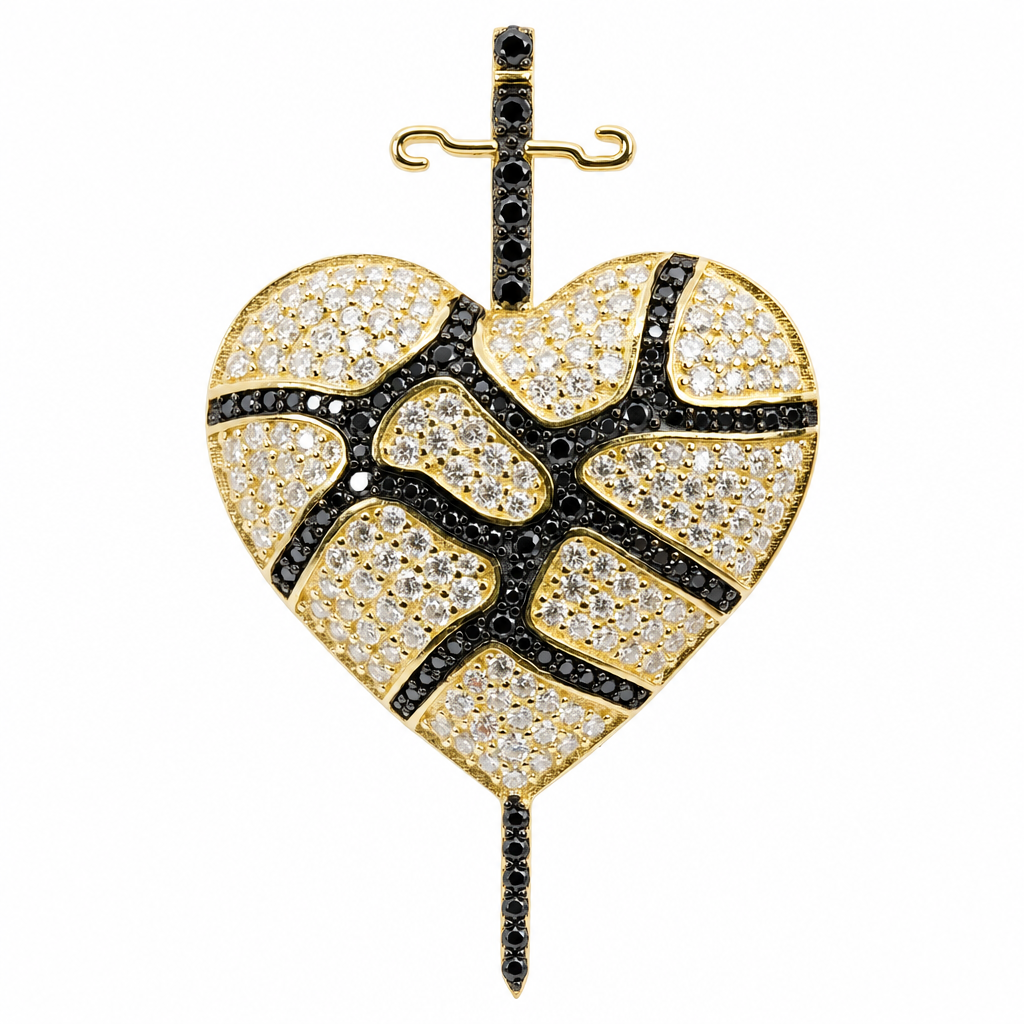 14K Gold Over Silver Cracked Heart Sword Pendant with White & Black Moissanite 4ct