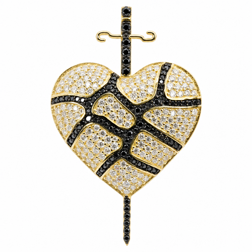 14K Gold Over Silver Cracked Heart Sword Pendant with White & Black Moissanite 4ct