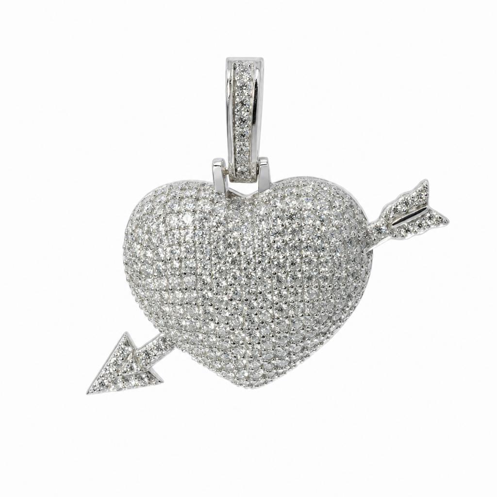 Pave Moissanite Arrow-Through-Heart Pendant in 925 Sterling Silver 3.00ct