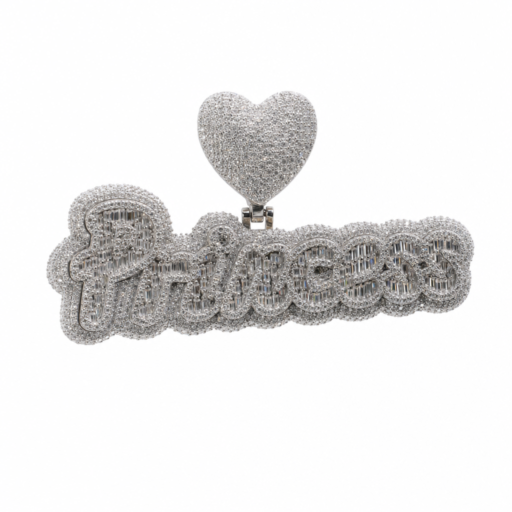 Princess Script Pavé Heart Bail Pendant in 925 Silver with 10ct Moissanite