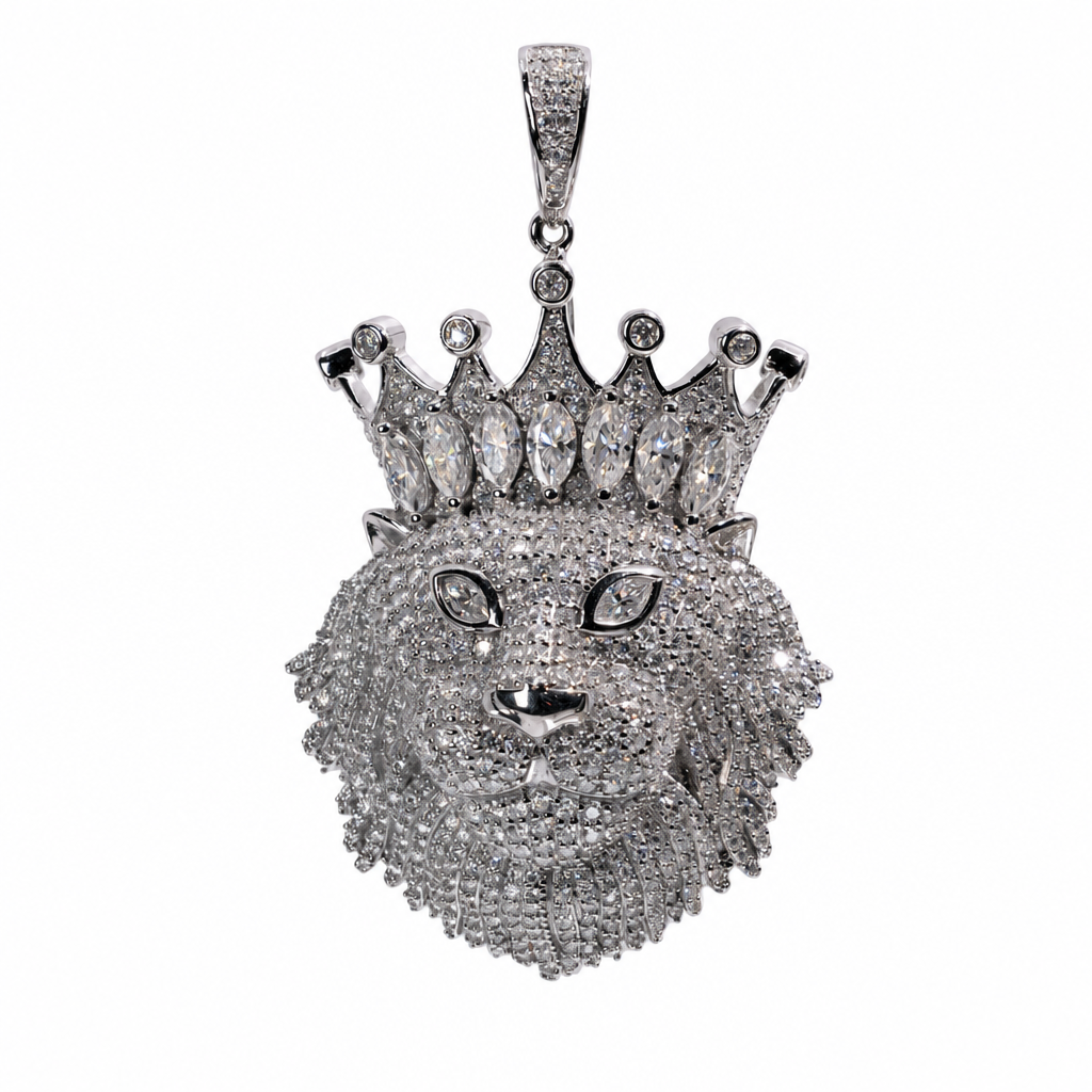 925 Sterling Silver Moissanite Crowned Lion Head Pavé Pendant 8.23ct