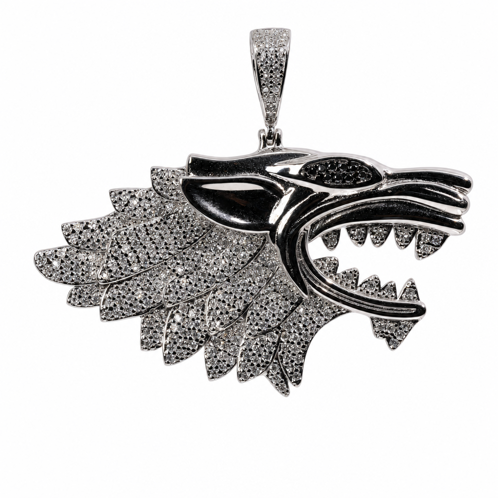 925 Sterling Silver Moissanite Iced Wolf Head Pendant
