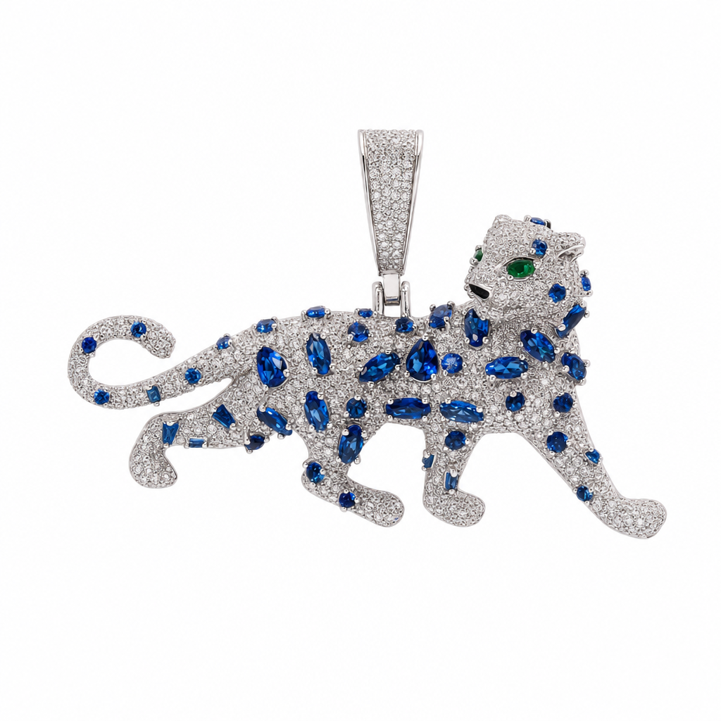 Men's 925 Silver Moissanite Panther Pendant with Blue Accents