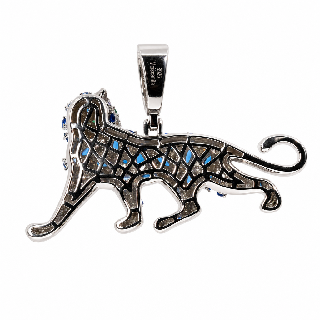 Men's 925 Silver Moissanite Panther Pendant with Blue Accents (2)
