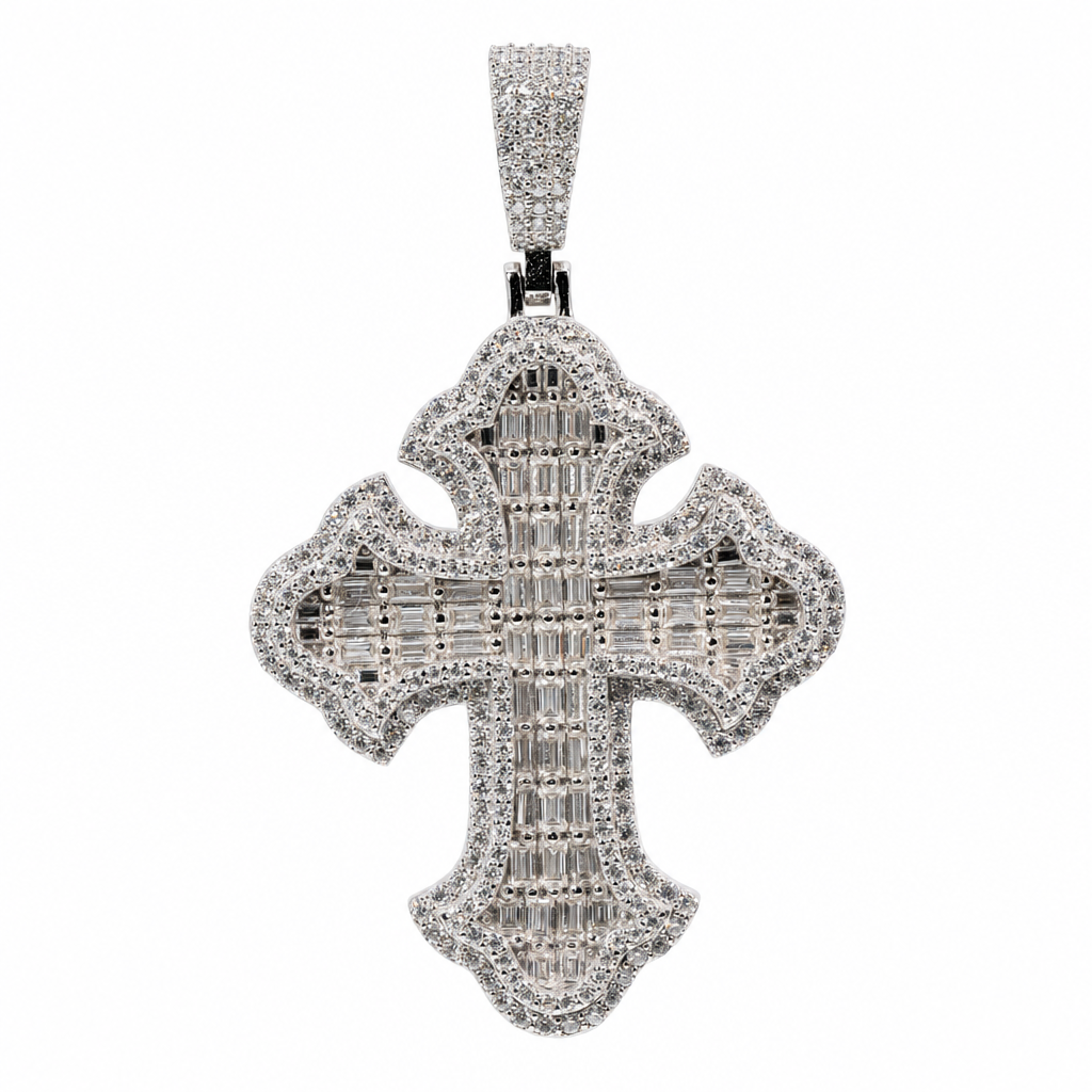 925 Sterling Silver Moissanite Baguette Cross Pendant, 4.3ct