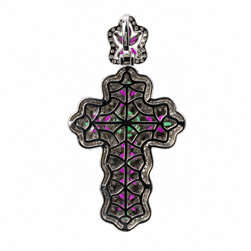 Ornate Silver Cross Pendant with genuine gemstone spinel Moissanite stones (2)