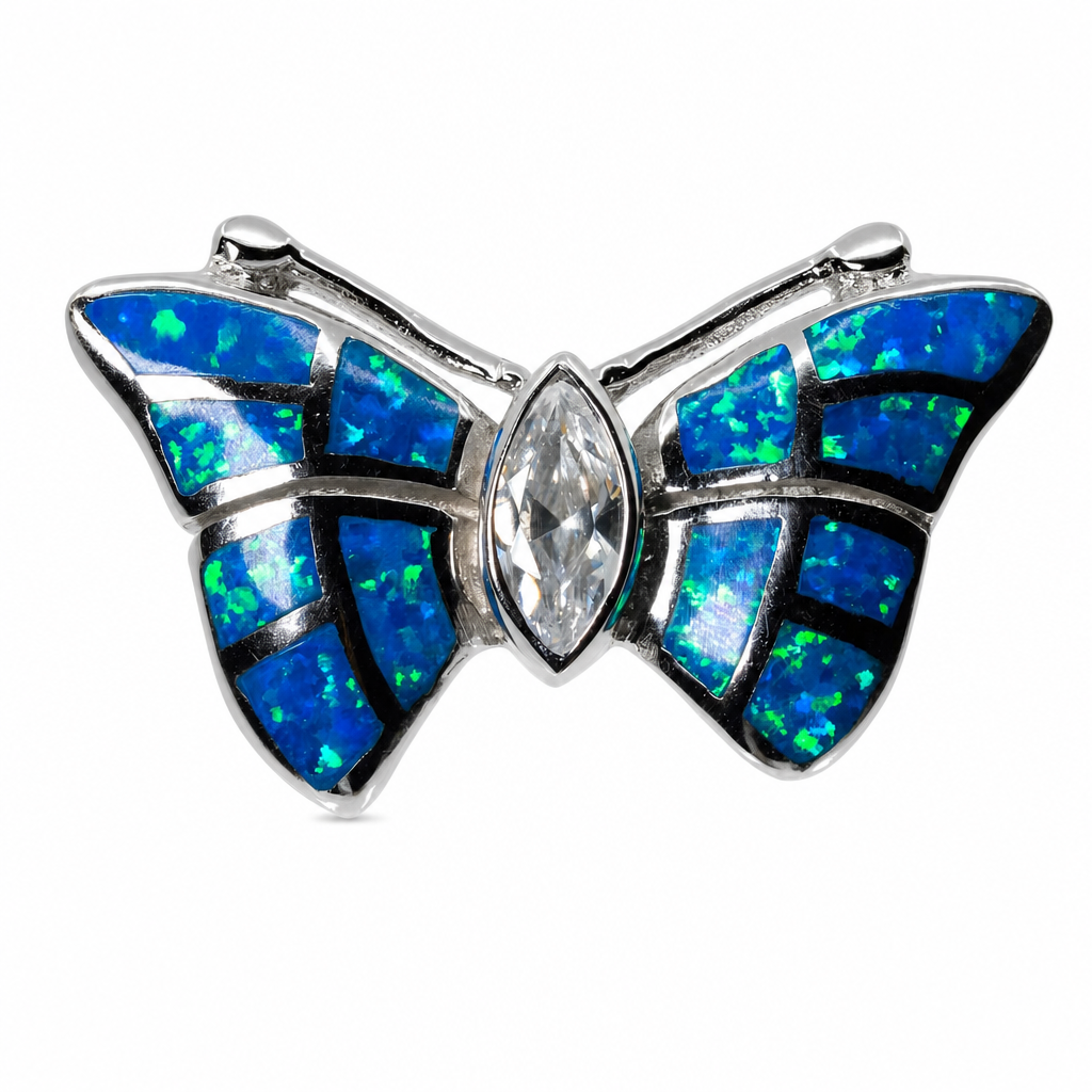 Blue Lab Opal Inlay Butterfly Pendant in 925 Sterling Silver with Marquise Center Stone
