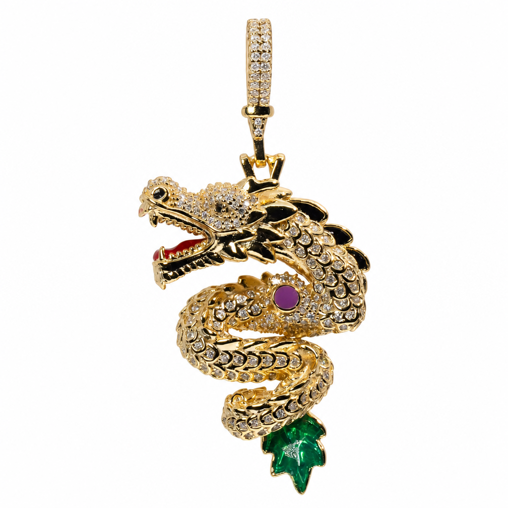 14K Gold Over Silver Moissanite-Encrusted Dragon Pendant with Green Tail Accent, 5.00ct