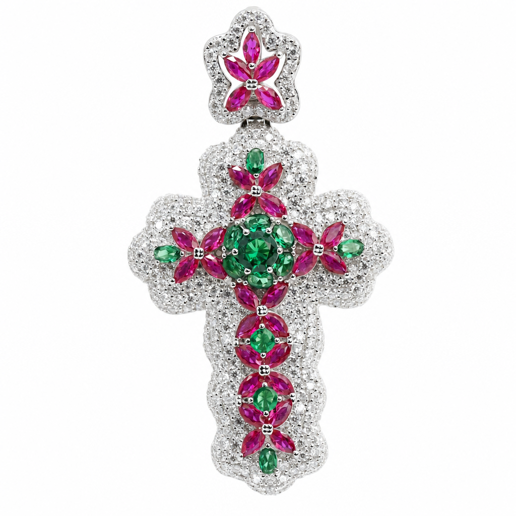 Ornate Silver Cross Pendant with genuine gemstone spinel Moissanite stones