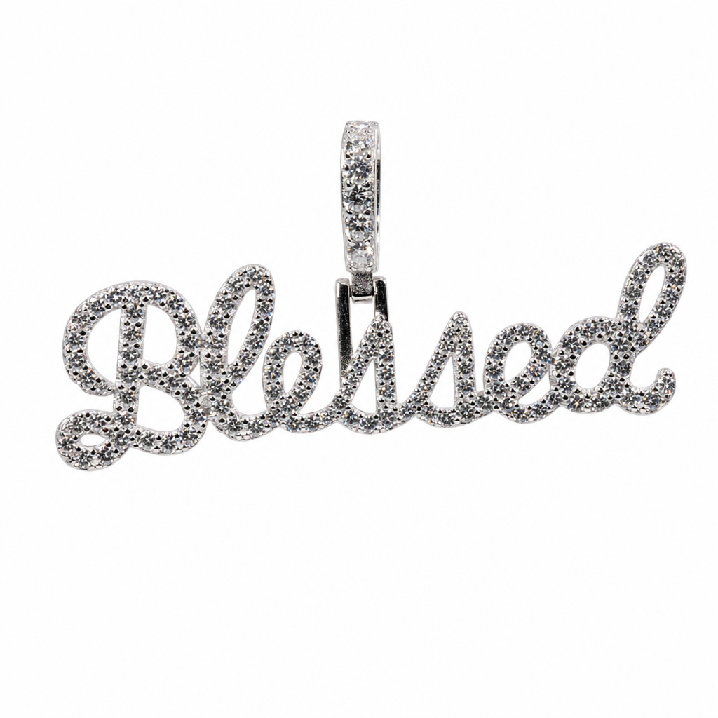 Iced-Out 'Blessed' Script Moissanite 2.21ct 925 Silver Pendant