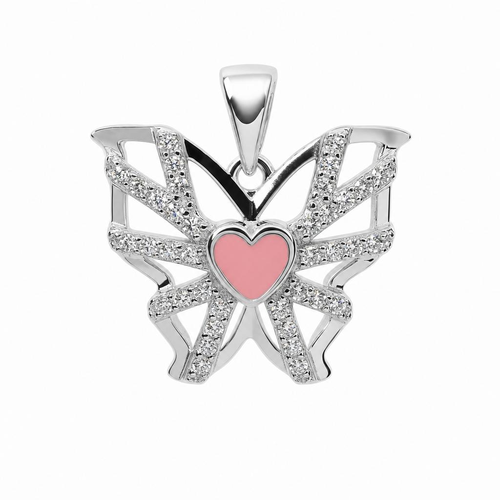 Sterling Silver Moissanite Pendant with Pink Heart and Abstract Pavé Design, 1ct