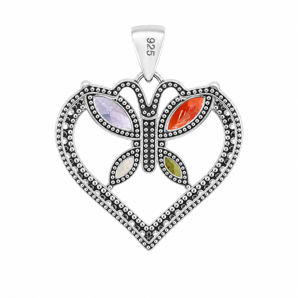 Sterling Silver Heart Pendant with Multicolor Cubic Zirconia Butterfly (2)