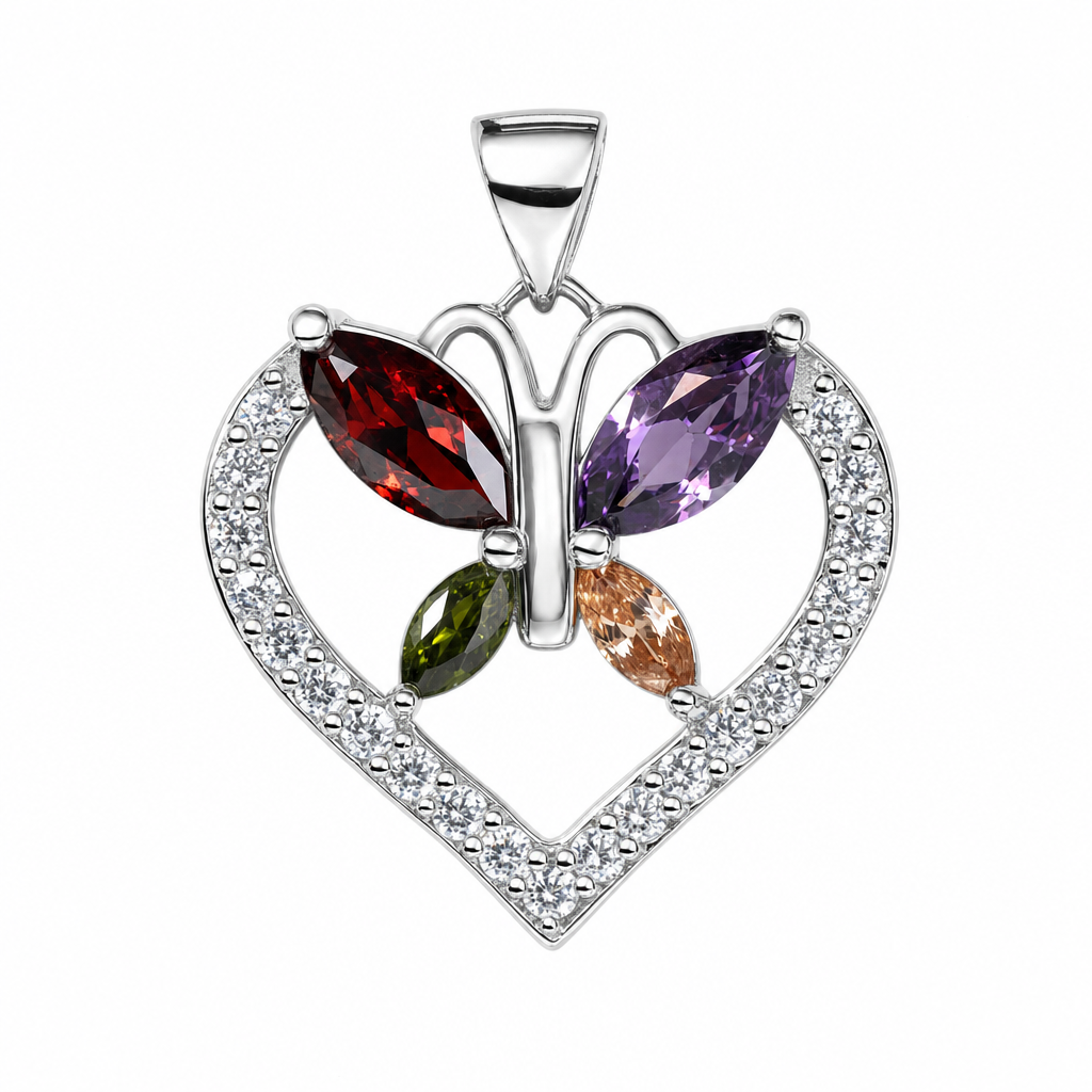 Sterling Silver Heart Pendant with Multicolor Cubic Zirconia Butterfly