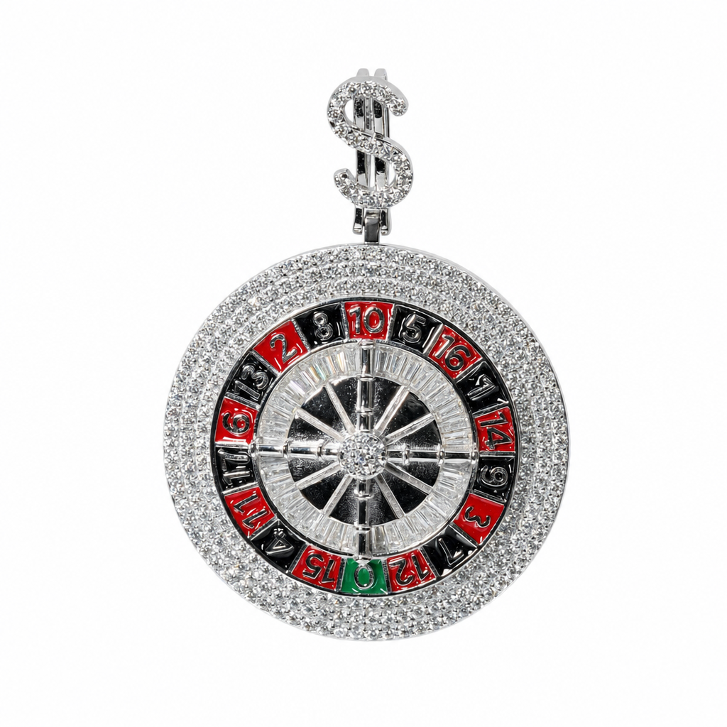 Iced Out Sterling Silver Moissanite Roulette Wheel Pendant with Dollar Sign Bail 5.06ct