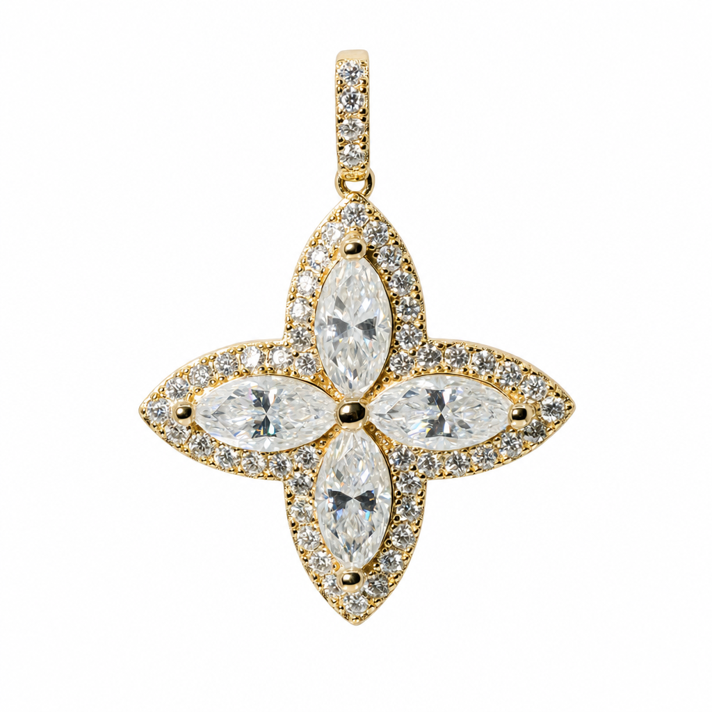 Marquise-Cut Moissanite Pavé Quatrefoil Flower Pendant in 925 Yellow Gold Vermeil