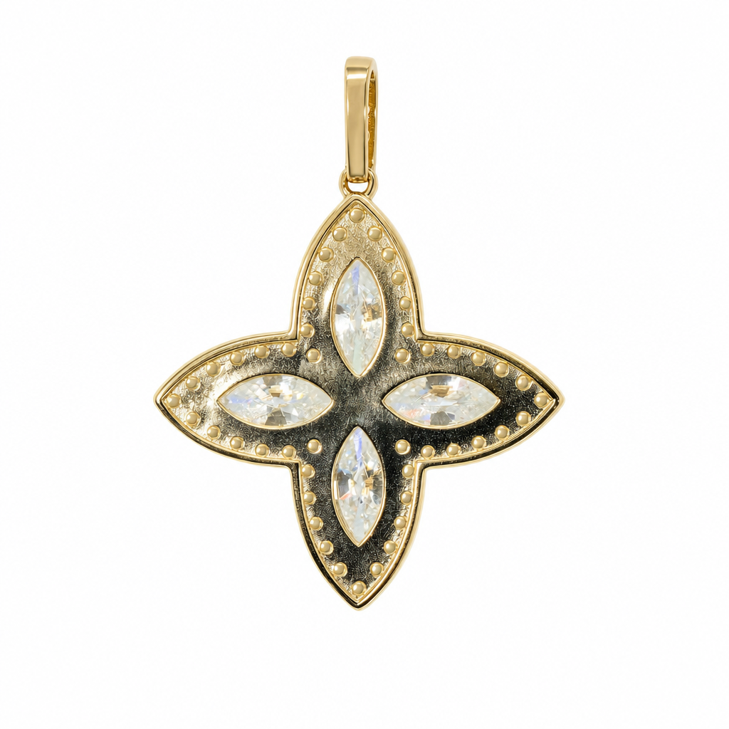 Marquise-Cut Moissanite Pavé Quatrefoil Flower Pendant in 925 Yellow Gold Vermeil (2)